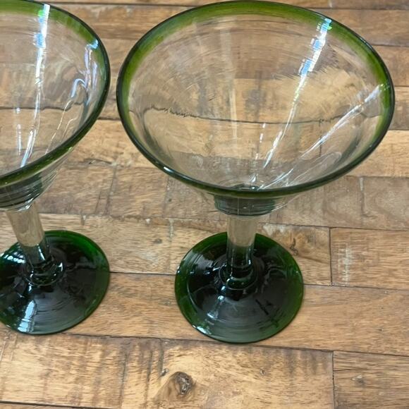 Mexican Hand Blown Martini Glasses Green Rim 7.25" Tall Set of 3 - Picture 2 of 11